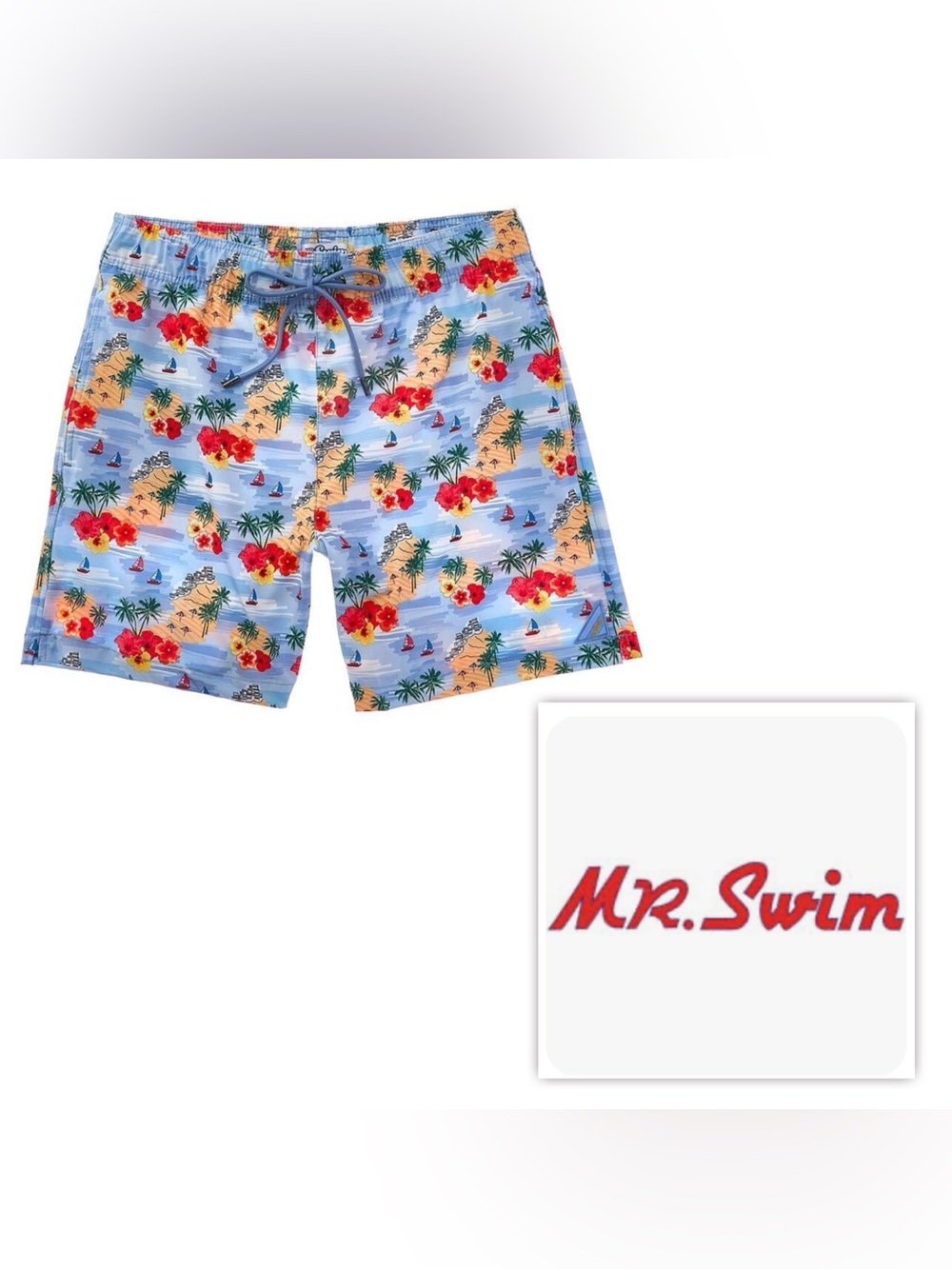 NWT $78 Mr.Swim Men L Light Blue Hawaiian Swim Shorts Trunks Floral w pockets